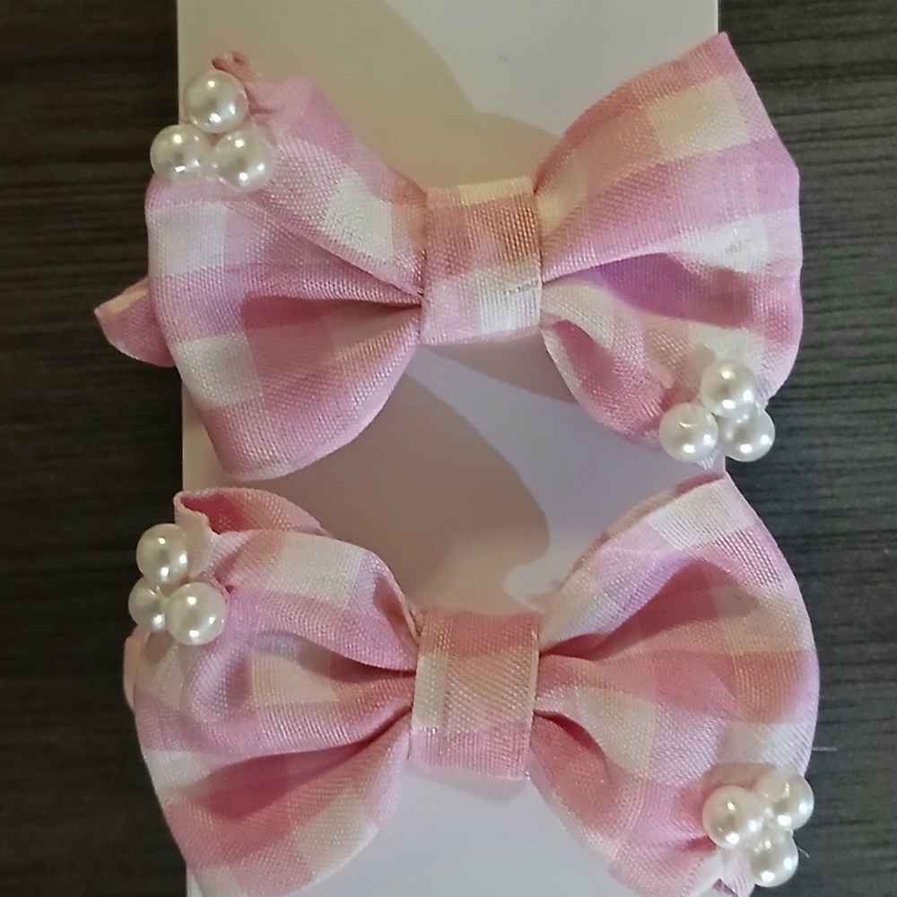 Charming Pink Plaid Hair Bows with Pearls
